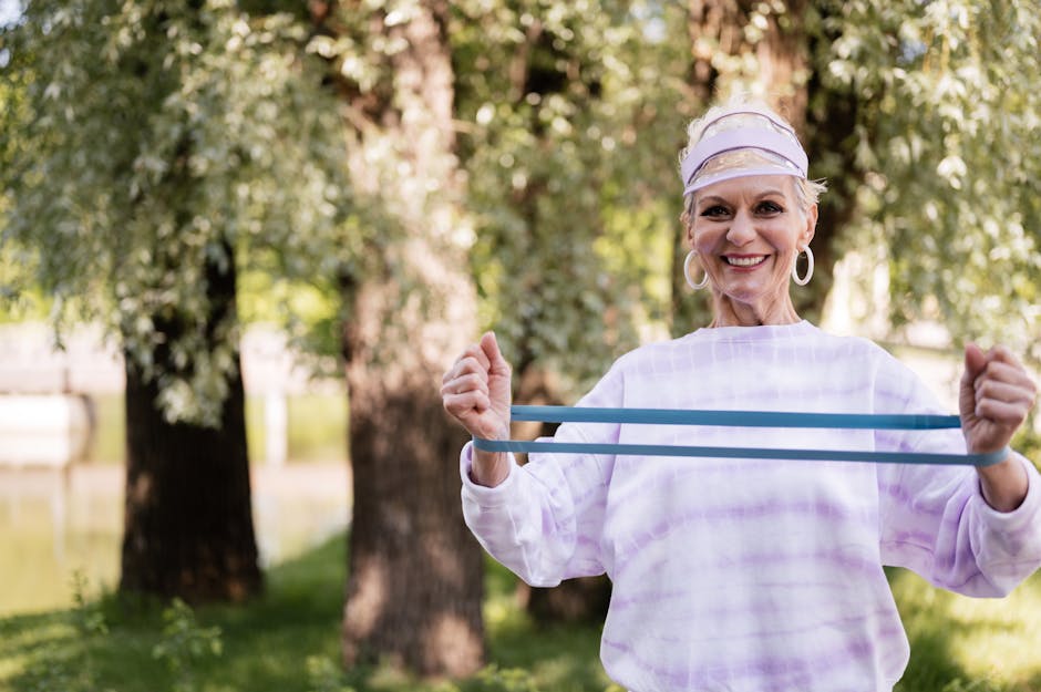A cheerful senior woman engaging in fitness with a resistance band outdoors in a park setting